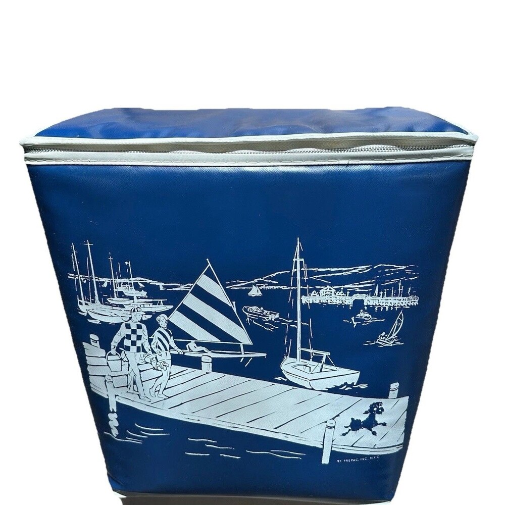 Vtg Vinyl Cooler/Ice Chest Beach Nautical Blue Sailboat Coastal Zip Prepac Inc.